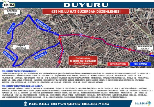 425 NO'LÜ HATTA GÜZERGAH DEĞİŞİKLİĞİ